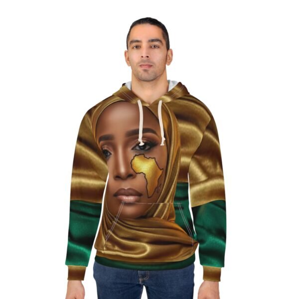 African Queen Face design Hoodie | Gold and Green Satin Effect