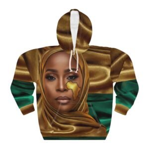 African Queen Face design Hoodie | Gold and Green Satin Effect