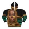2435551335934586752_2048.jpeg African Queen Face design Hoodie | Gold and Green Satin Effect