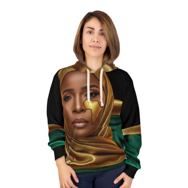7714078788744454726_2048.jpeg African Queen Face design Hoodie | Gold and Green Satin Effect