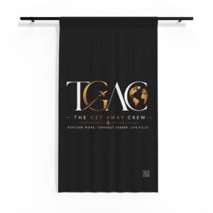 Sheer Window Curtain — 'The Get Away Crew' Travel Logo Black Sheer Curtain