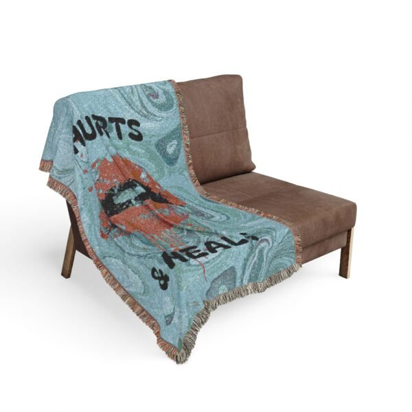 Hurts & Heals Woven Blanket — Retro Lip Art Throw for Emotional Comfort