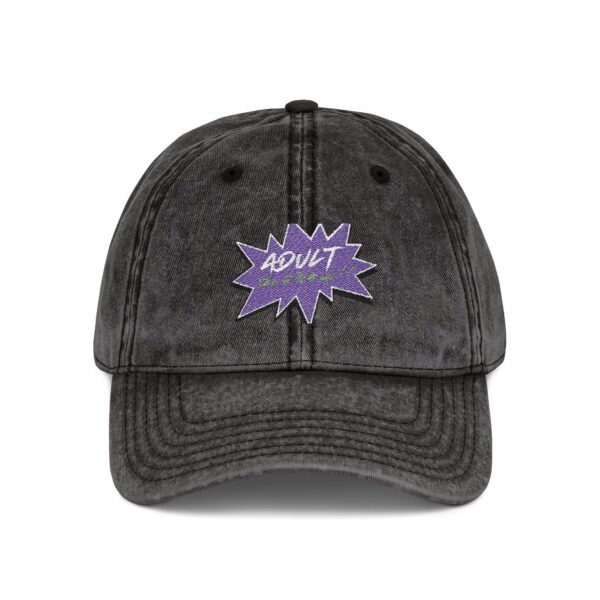Vintage Embroidered Cap with 'ADULT' Purple Burst — Distressed Baseball Hat