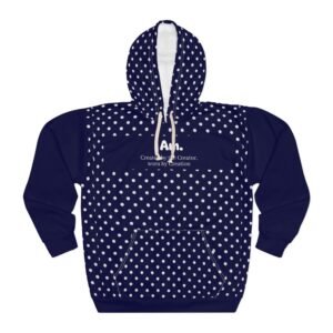 Navy Polka Dot Hoodie — "I Am. Created by the Creator, worn by the Creation" Minimal Pullover