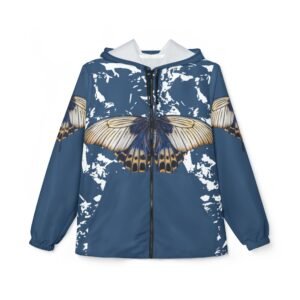 Butterfly Print Windbreaker Jacket — Blue AOP Lightweight Hooded Shell