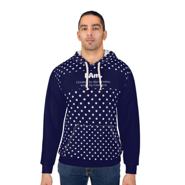 645484360130673558_2048.jpeg Navy Polka Dot Hoodie — "I Am. Created by the Creator, worn by the Creation" Minimal Pullover