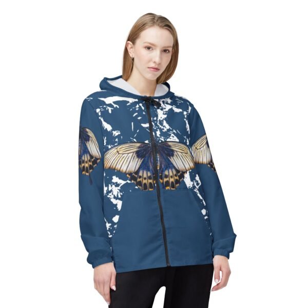Butterfly Print Windbreaker Jacket — Blue AOP Lightweight Hooded Shell